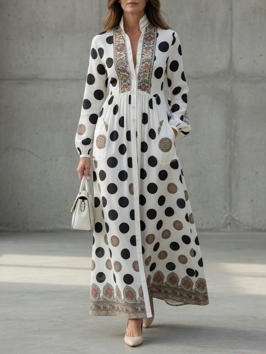Button-front maxi dress with long cuffed sleeves and side pockets, featuring a stylish polka dot print for women. 0